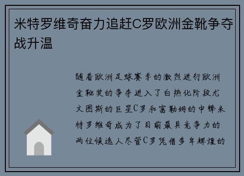 米特罗维奇奋力追赶C罗欧洲金靴争夺战升温 米特罗维奇奋力追赶C罗欧洲金靴争夺战升温