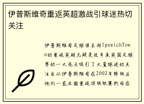 伊普斯维奇重返英超激战引球迷热切关注 伊普斯维奇重返英超激战引球迷热切关注